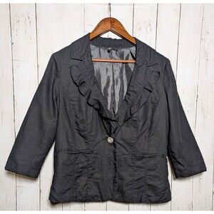 Ambiance Black Linen Blend Ruffle Collar Jacket Womens XL Goth Lagenlook